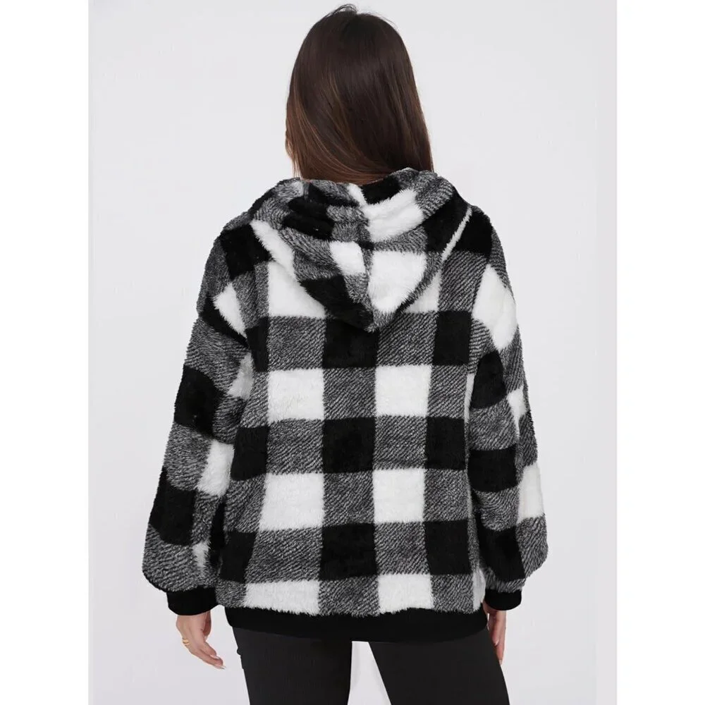Women Black and White Plaid Oversized Fuzzy Fleece Zip up Hoodie Sweatshirt_5